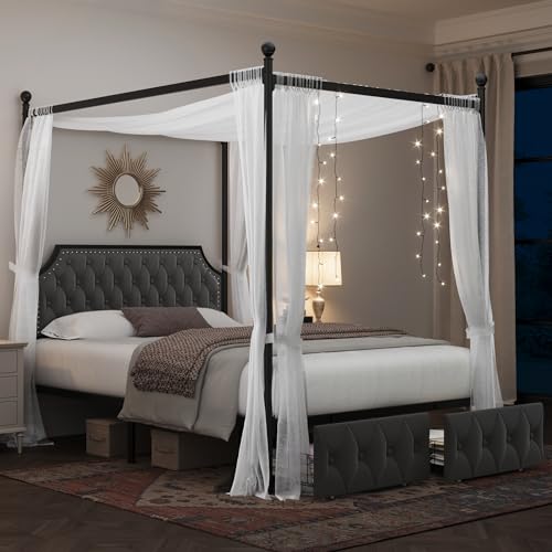 Full Upholstered Canopy Bed Frame with 2 Storage Drawers & Button Tufted, view 2