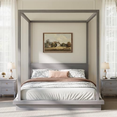 Queen Size Canopy Bed with Headboard (Gray), view 2