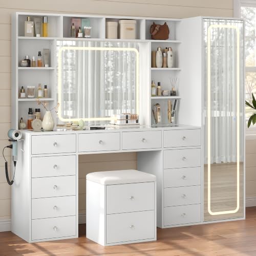 71'' Vanity Desk with LED Lights & Body Mirror, Hidden Cabinet, White, view 2