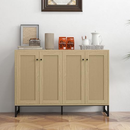 Sideboard Accent Storage Cabinet with Rattan Decorated 4 Doors Dining Room Freestanding Kitchen Buffet Table Cupboard (Natural)