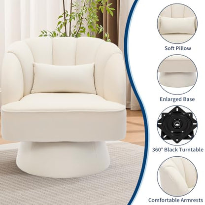 Modern Swivel Barrel Accent Chair, 360 Degree Velvet Upholstered Armchair with Striped Backrest & Plush Padding, Comfy Round Lounge Chair for Living Room, Bedroom, Reading Nook, Beige