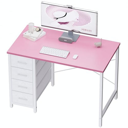 32 Inch Computer Desk with 4 Drawers Small Office Desk for Home Bedroom Study Writing Simple Modern Computer Table Pink