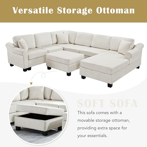 Sectional Sofa 111.8" U Shaped Sofa Chenille Upholstered Sofa Couch with Movable Storage Ottoman for Living Room, White
