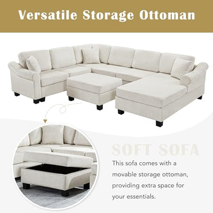 Sectional Sofa 111.8" U Shaped Sofa Chenille Upholstered Sofa Couch with Movable Storage Ottoman for Living Room, White