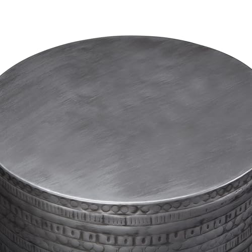 Boho 15" Metal Accent Side Table, Antique Silver Finish, Drum Shape, Handcrafted Solid Metal, Multipurpose End or Side Table for Living Room, Bedroom, Condo, Office