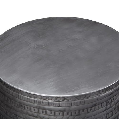 Boho 15" Metal Accent Side Table, Antique Silver Finish, Drum Shape, Handcrafted Solid Metal, Multipurpose End or Side Table for Living Room, Bedroom, Condo, Office