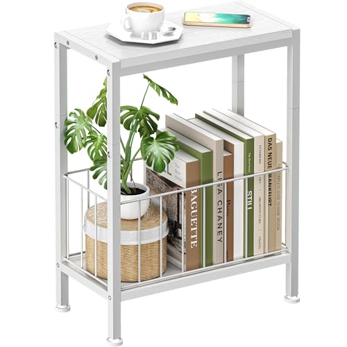 Narrow Side Table, Skinny End Tables with Magazine Holder, Small Sofa Table for Small Spaces, Space-Saving Design, Slim Nightstand Bedside Table for Living Room, Bedroom, Office, White