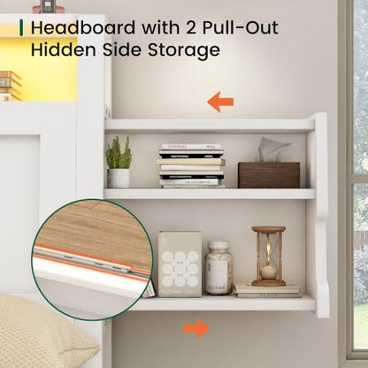 King Size Wooden Bed Frame with Storage Drawer and LED Headboard, view 5