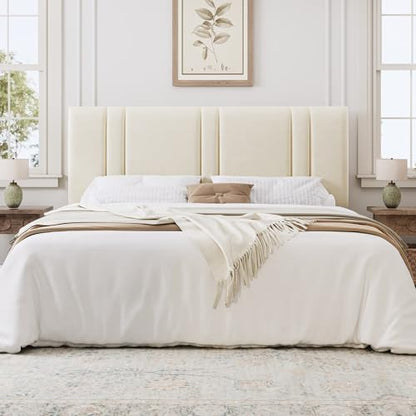 California King Size Bed Frame with Adjustable Headboard, Cream, view 4
