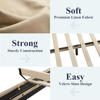 King Size Upholstered Bed Frame Adjustable Headboard, Beige, view 6
