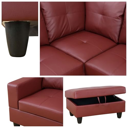 103.5" Sectional Couches for Living Room, Leather 4 Seat L Shaped Couch with Chaise, 3-Piece Modular Sofa with Storage Ottoman, Home Furniture Sets for Apartment Office, Dark Red