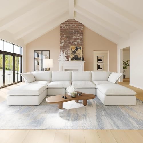 U-Shaped White Cloud Sectional Couches, Deep 6-Seats Convertible Couch, Modular Sofa with Chaise Ottomans, Sofas Furniture for Living Room Bedroom Office Apartment (White)