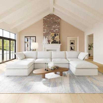 U-Shaped White Cloud Sectional Couches, Deep 6-Seats Convertible Couch, Modular Sofa with Chaise Ottomans, Sofas Furniture for Living Room Bedroom Office Apartment (White)