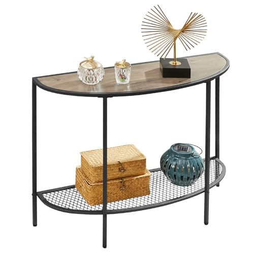 Console Table 2 Tier Narrow Entryway Table with Storage Shelves Half Moon Sofa Couch Table Industrial Small Entry Way Tables for Living Bedroom Hallway Office Easy Assembly, Gray Black