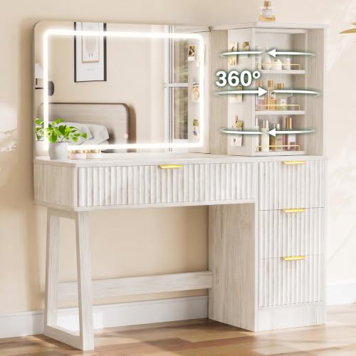 47" Makeup Vanity Desk with LED light and mirror, Retro white vanity table, view 2