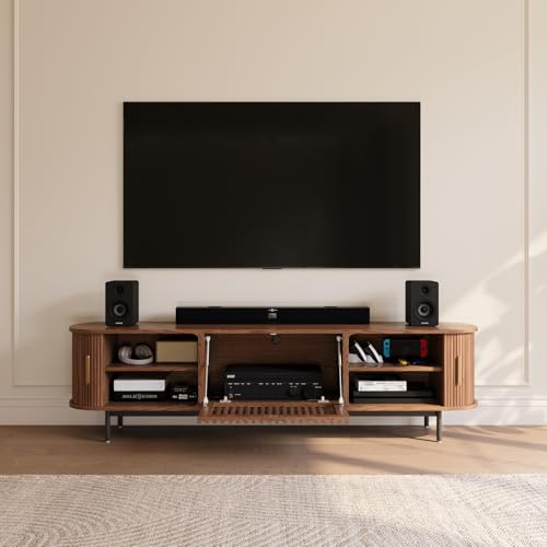 78.74" Wood Fully-Assembled Sliding Tambour Door TV Stand, Walnut, view 4