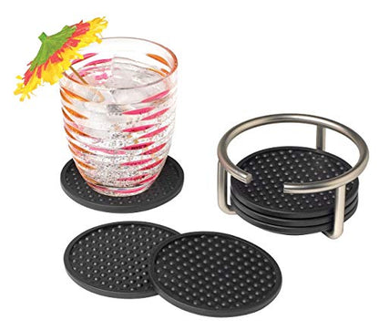 Spectrum Euro Modern Table Coaster Set of 6 with Holder for Living Room Coffee Table & End Tables, Silicone Coasters for Drinks with Holder Features Easy Release Bubble Texture, Satin Nickel