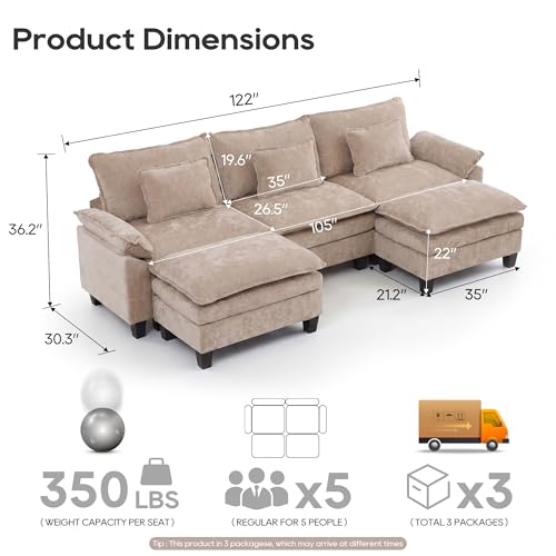 Oversized Modular Sectional Sofa，Khaki：122" U Shaped | Modern Comfy Cloud Couch with Movable Ottoman and Pillow, Deep Seat Couches for Living Room, Bedroom or Apartment