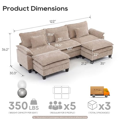 Oversized Modular Sectional Sofa，Khaki：122" U Shaped | Modern Comfy Cloud Couch with Movable Ottoman and Pillow, Deep Seat Couches for Living Room, Bedroom or Apartment