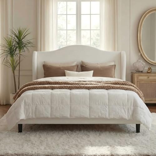 White Plush Velvet Wingback Queen Bed Frame, view 4