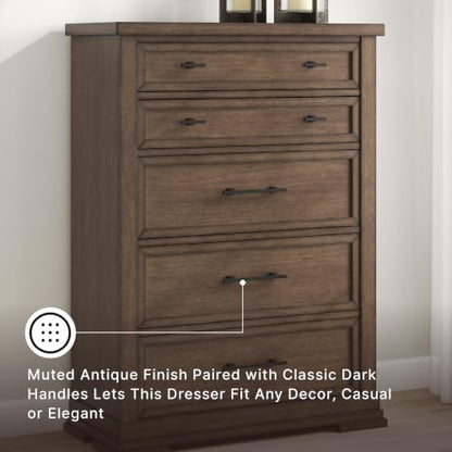Signature Design by Ashley Taffenbrook Farmhouse Chest of Drawers, 58-Inch Tall Dresser for Bedroom, Hardwood Solids, Mango Wood Veneer, and MDF Substrate, Medium Brown