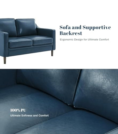 60" Faux Leather Sofa, Loveseat Couch, Mid Century Modern Love Seat Couches with Solid Wood Frame for Living Room Bedroom