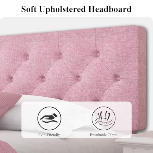King Size Bed Frame, Linen Fabric Upholstered Bed Frame King Size with Headboard, Wood Slats Support, Button Tufted Design, No Box Spring Needed, Pink