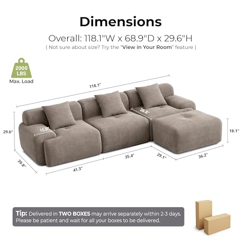 LumiCord Modular Sectional Sofa with Ottoman, 118" L-Shaped Boneless Couch for Living Room, Oversized Deep Seat with Corduroy Upholstery, No Assembly Required, Light Brown