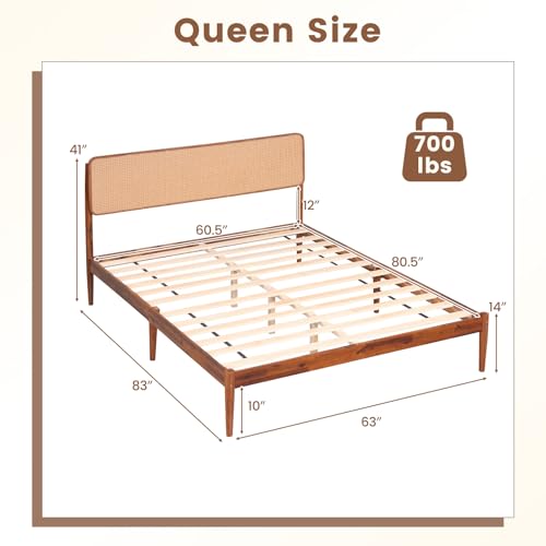 Queen Size Bed Frame w/Natural Rattan Headboard, Boho Platform Bed, view 3