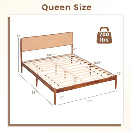 Queen Size Bed Frame w/Natural Rattan Headboard, Boho Platform Bed, view 3