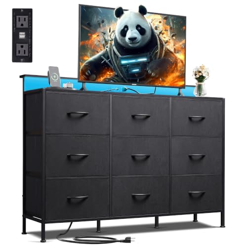 Dresser TV Stand with LED Lights & Outlets, 9 Fabric Drawers, Black, view 3
