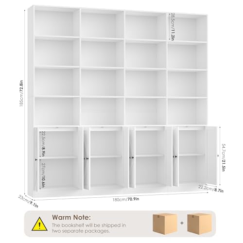 72.8" Large Bookshelf, Farmhouse Bookshelf with 8 Doors, White, view 4