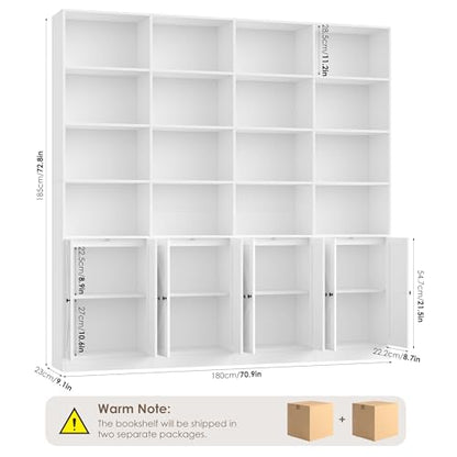 72.8" Large Bookshelf, Farmhouse Bookshelf with 8 Doors, White, view 4