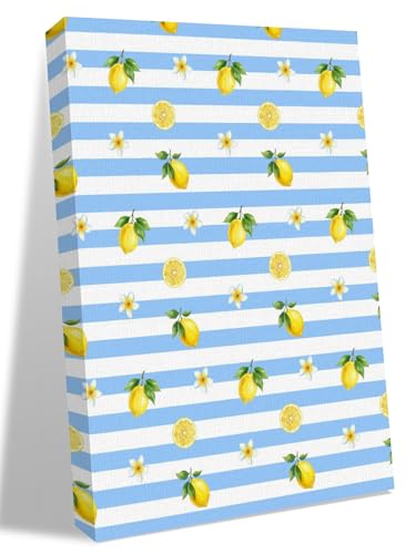 NuYeBiofx Country Lemon Flower Blue Stripe Canvas Wall Art Prints,30"x20" Framed Picture Artwork Farmhouse Fruit Floral Line Printed Canvas Oil Painting for Living Room Bedroom Office,Ready to Hang