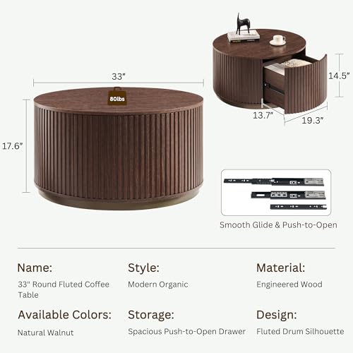 33" Round Coffee Table with Storage, Natural Walnut | Fluted Drum Coffee Table, Hidden Push-to-Open Drawer