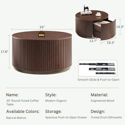 33" Round Coffee Table with Storage, Natural Walnut | Fluted Drum Coffee Table, Hidden Push-to-Open Drawer
