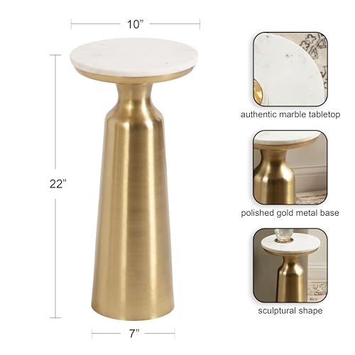 Cardina Glam Marble Round Drink Table, 10 x 10 x 22, White Marble and Gold, Modern Marble Top Circle Mini Table for Use as a Small Bedroom Nightstand or Living Room Plant Stand Option