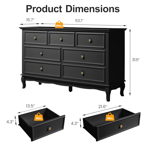 53" Wide 7 Drawer Dresser, Black Dresser for Bedroom, view 3
