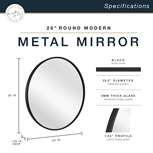 Master & Co. 26in Round Metal Black Mirror, Modern Wall Hanging Large Mirror for Bathroom, Bedroom & Livingroom