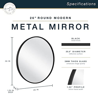 Master & Co. 26in Round Metal Black Mirror, Modern Wall Hanging Large Mirror for Bathroom, Bedroom & Livingroom