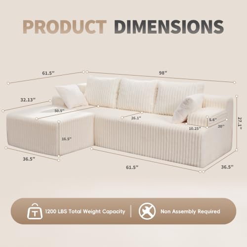 Boneless Couch L-Shape Cloud Couch Sofa for Living Room Furniture | 98" Left Facing Chaise White,Memory Foam,Removable Cover,No Assemble,Chaise Lounge Indoor,Furniture for Apartment