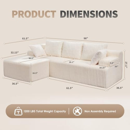 Boneless Couch L-Shape Cloud Couch Sofa for Living Room Furniture | 98" Left Facing Chaise White,Memory Foam,Removable Cover,No Assemble,Chaise Lounge Indoor,Furniture for Apartment