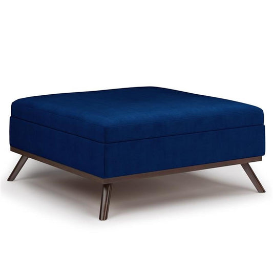 36" Coffee Table Storage Ottoman, Blue Velvet Upholstery, Mid Century Style, Solid Wood Base, Hydraulic Lift-Up Lid with Child Safety Hinge, Large Interior Storage, Living Room Furniture
