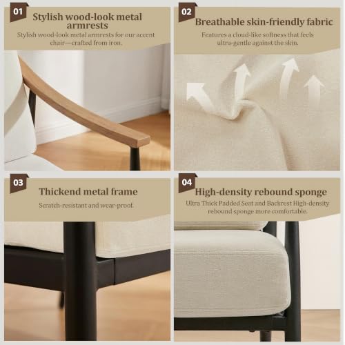 Modern Accent Chairs Set of 2 for Living Room Bedroom Mid Century Arm Chairs Upholstered Office Accent Chairs Comfy Waiting Room Chairs with Metal Frame, Beige