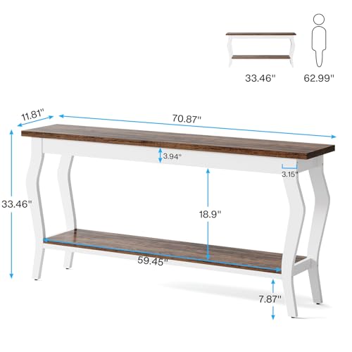 Tribesigns 70.9 Inches Extra Long Sofa Table Behind Couch, Vintage Console Entry Table with 2-Tier Storage for Hallway, Entryway, Living Room, White & Brown
