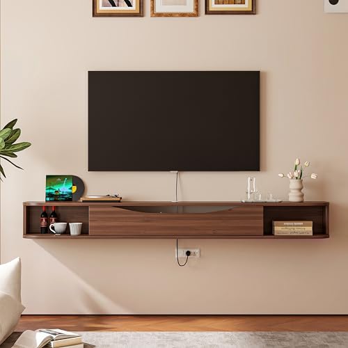 Floating TV Stand,55'' Wall Mounted TV Console,Walnut, view 4