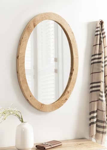 Burlock Modern Burlwood Oval Mirror, 22 x 28, Natural Wood, Transitional Wide Round Mirror for Use as Vanity Bathroom Mirror or Teen Bedroom Decor
