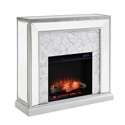Trandling Mirrored Touch Screen Electric Fireplace with Faux Marble - Transitional Design, Grey Glass and Wood - Ideal for Living Room, Bedroom (FR1027359)