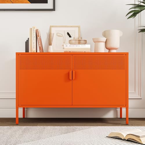 Metal Storage Cabinet with Doors, Orange Accent Cabinet, view 2