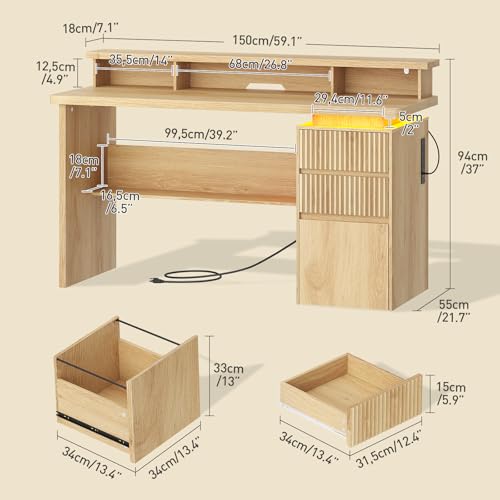 59" Executive Desk with Drawer, Fluted Computer Desk with File Drawer, Monitor Stand, Home Office Desk with Charging Station, LED Light, Fluted Computer Writing Desk for Study, Natural